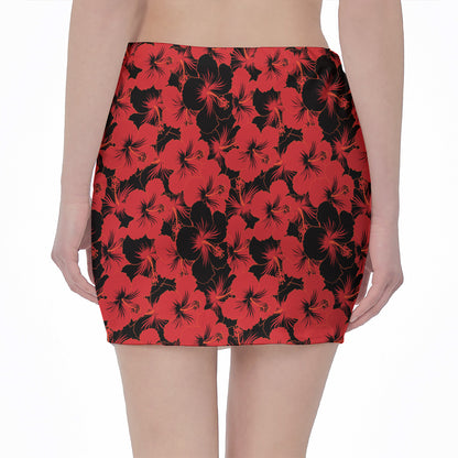 Black And Red Hibiscus Pattern Print Pencil Mini Skirt