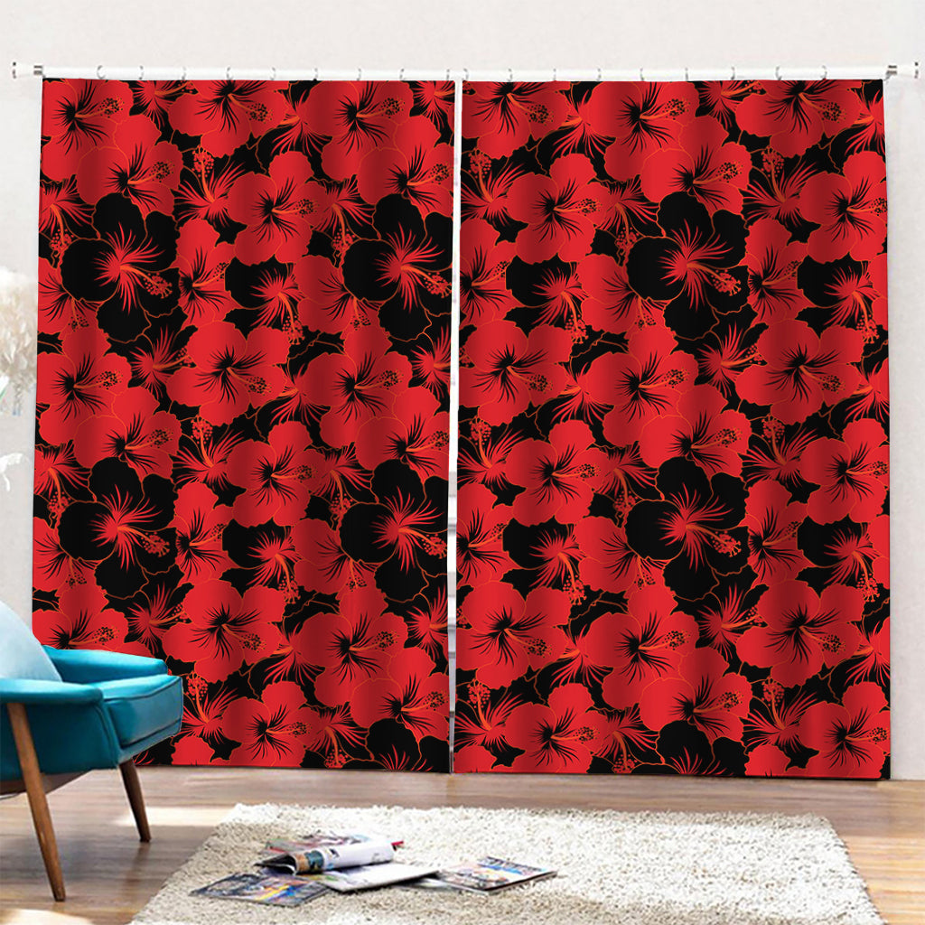 Black And Red Hibiscus Pattern Print Pencil Pleat Curtains
