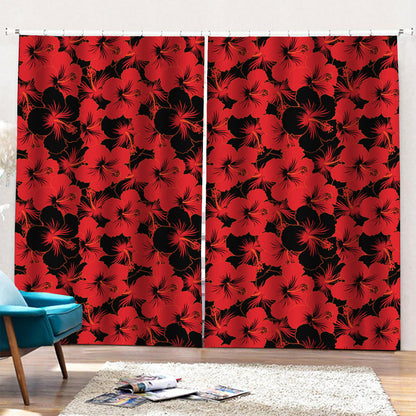 Black And Red Hibiscus Pattern Print Pencil Pleat Curtains