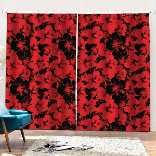 Black And Red Hibiscus Pattern Print Pencil Pleat Curtains