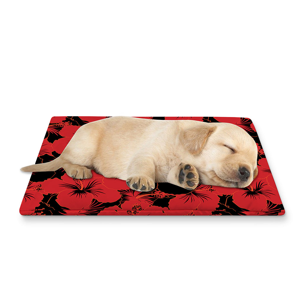 Black And Red Hibiscus Pattern Print Pet Cooling Mat Cover