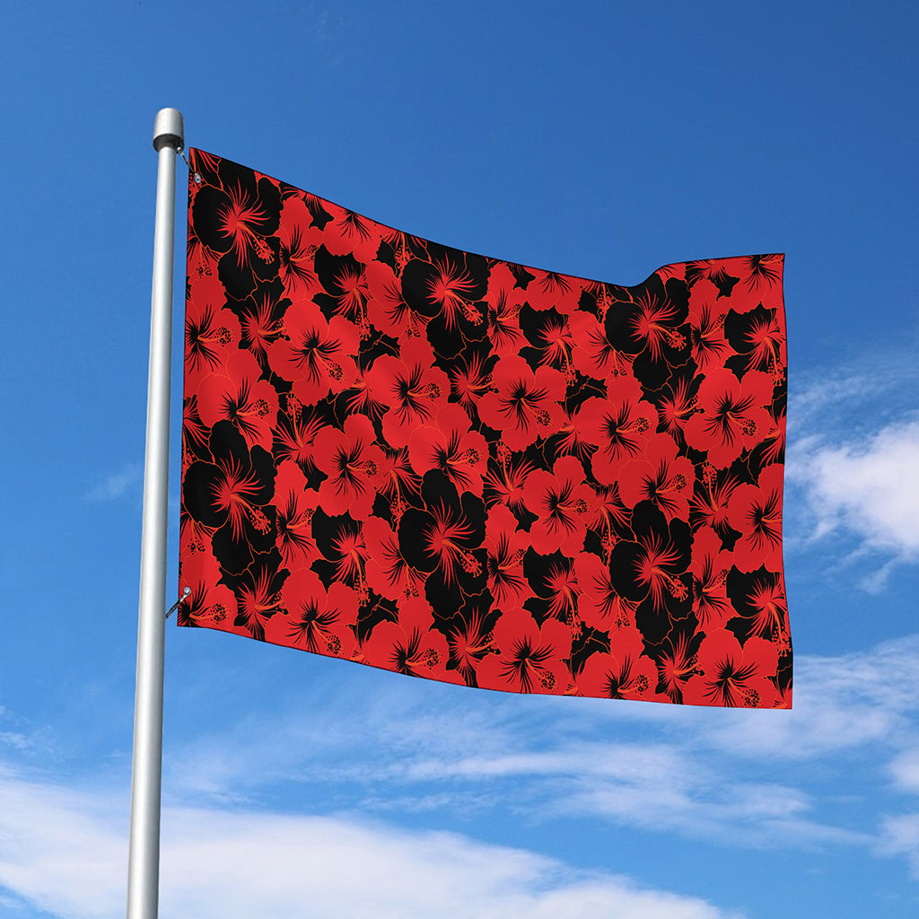 Black And Red Hibiscus Pattern Print Polyester Flag
