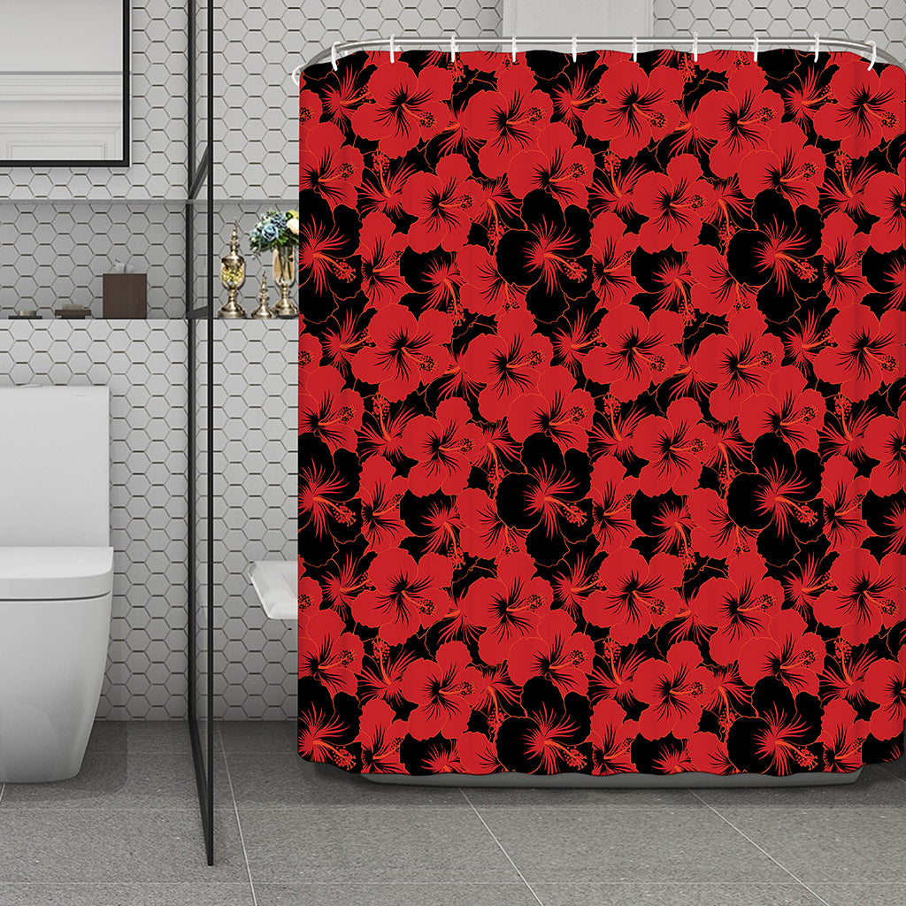 Black And Red Hibiscus Pattern Print Polyester Shower Curtain