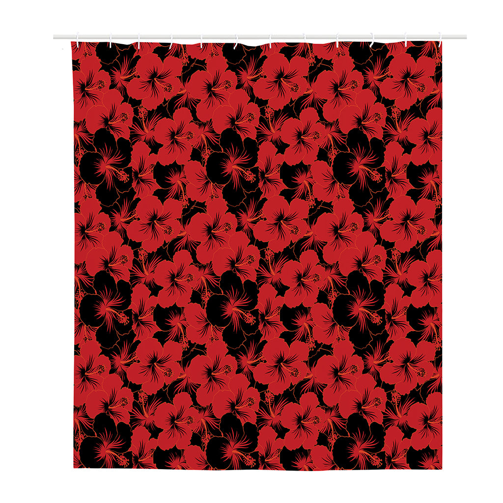 Black And Red Hibiscus Pattern Print Polyester Shower Curtain