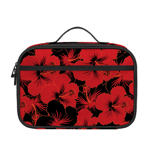 Black And Red Hibiscus Pattern Print Portable Lunch Bag