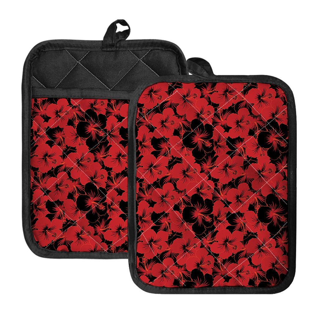 Black And Red Hibiscus Pattern Print Pot Holders With Pocket