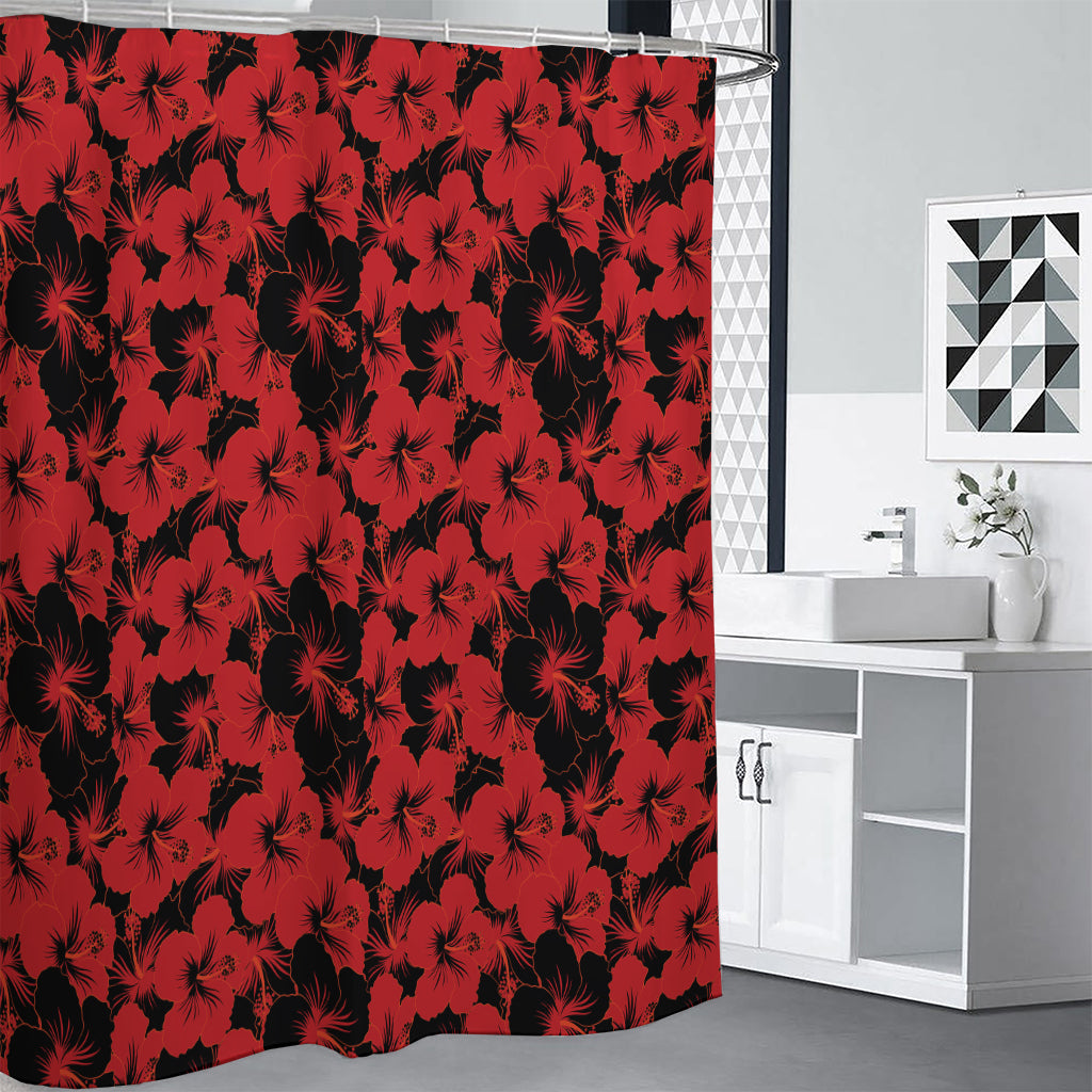 Black And Red Hibiscus Pattern Print Premium Shower Curtain