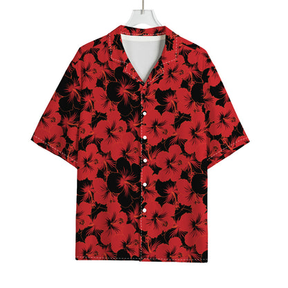 Black And Red Hibiscus Pattern Print Rayon Hawaiian Shirt