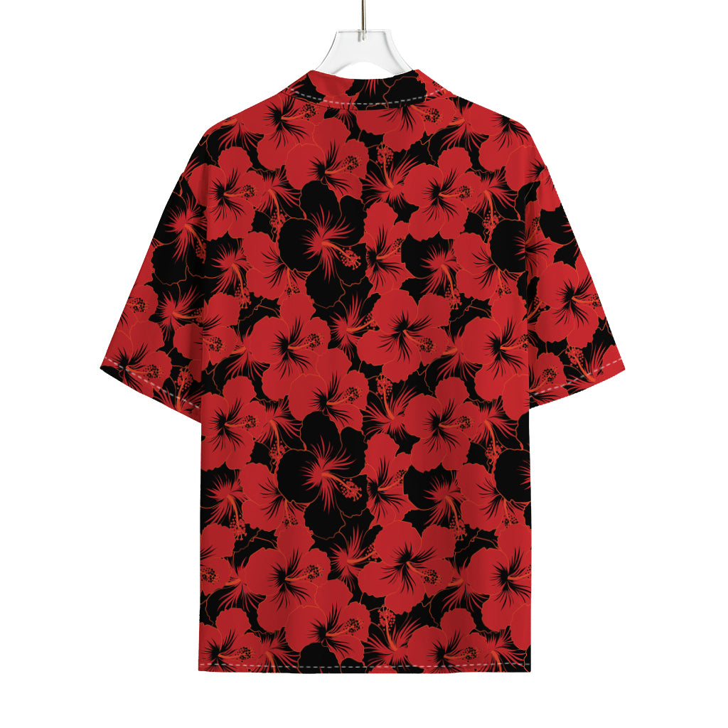 Black And Red Hibiscus Pattern Print Rayon Hawaiian Shirt