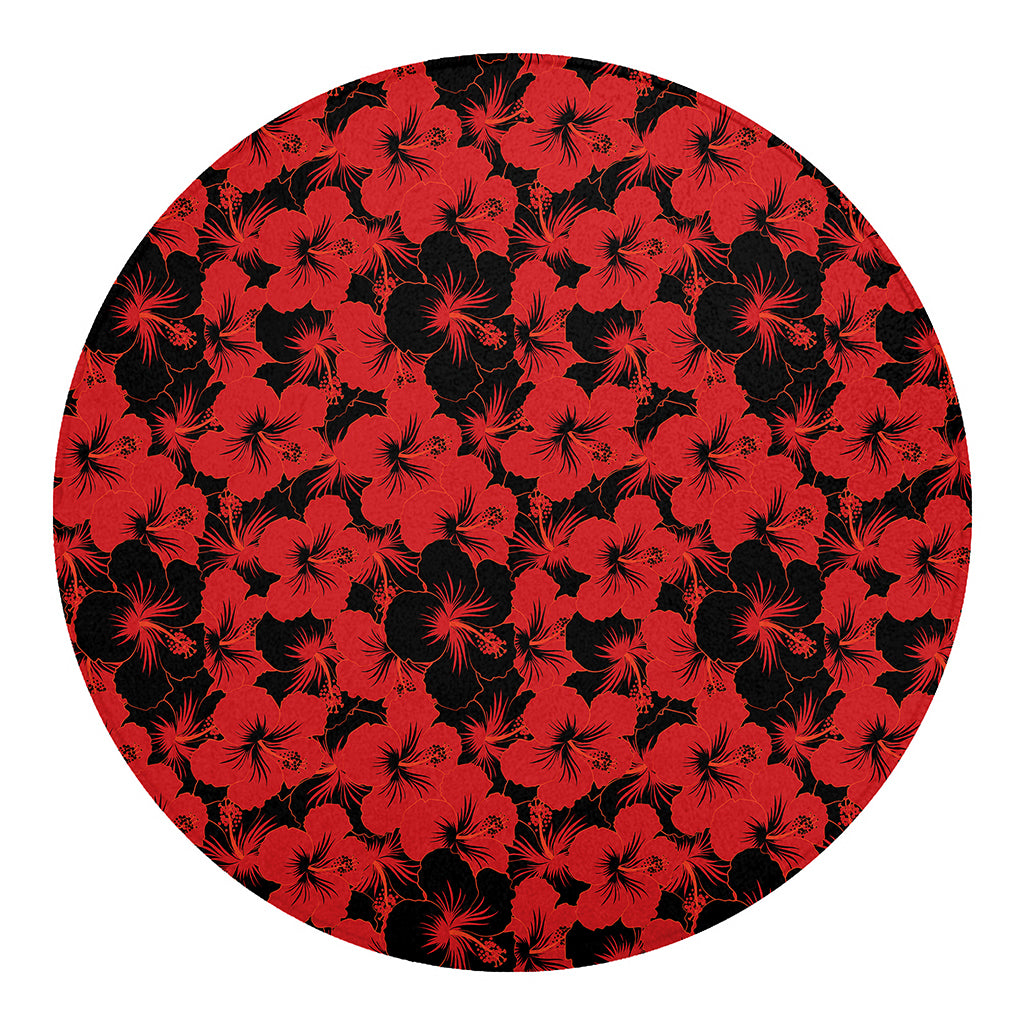 Black And Red Hibiscus Pattern Print Round Blanket