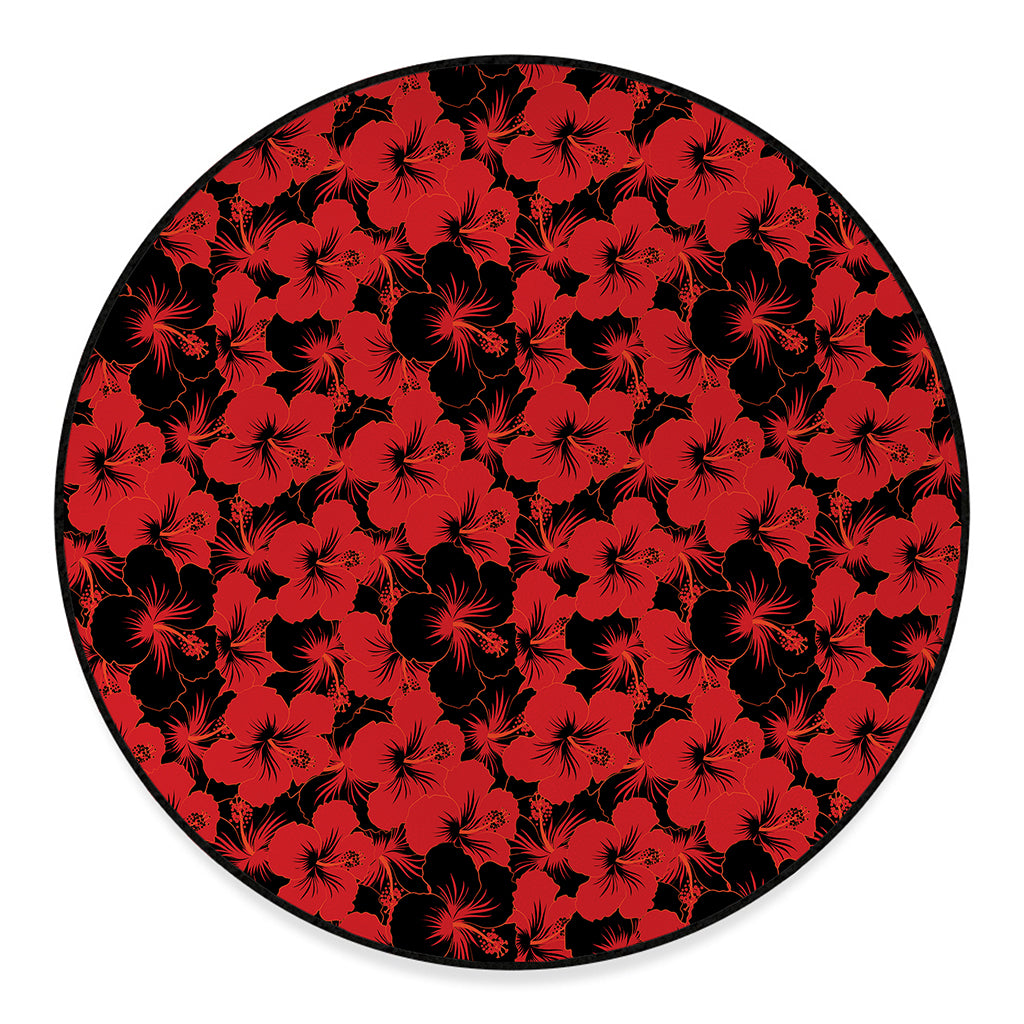 Black And Red Hibiscus Pattern Print Round Floor Mat
