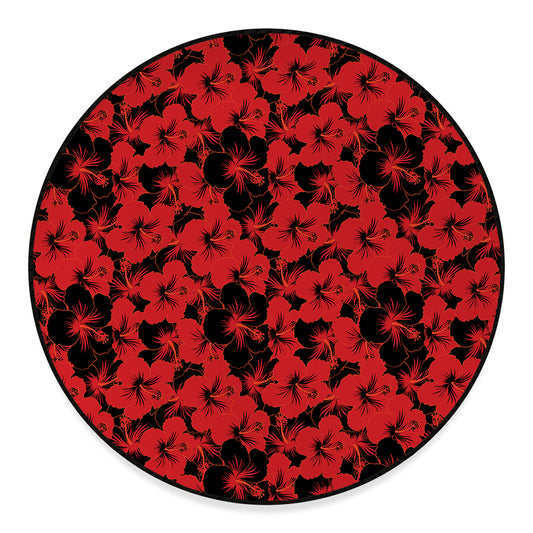 Black And Red Hibiscus Pattern Print Round Floor Mat