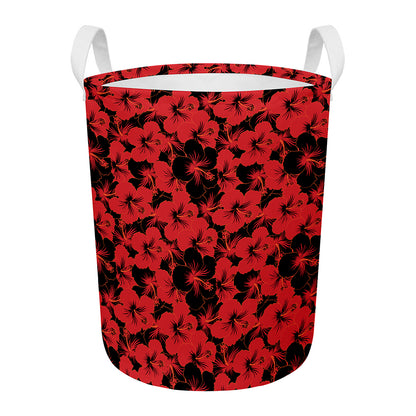 Black And Red Hibiscus Pattern Print Round Laundry Basket