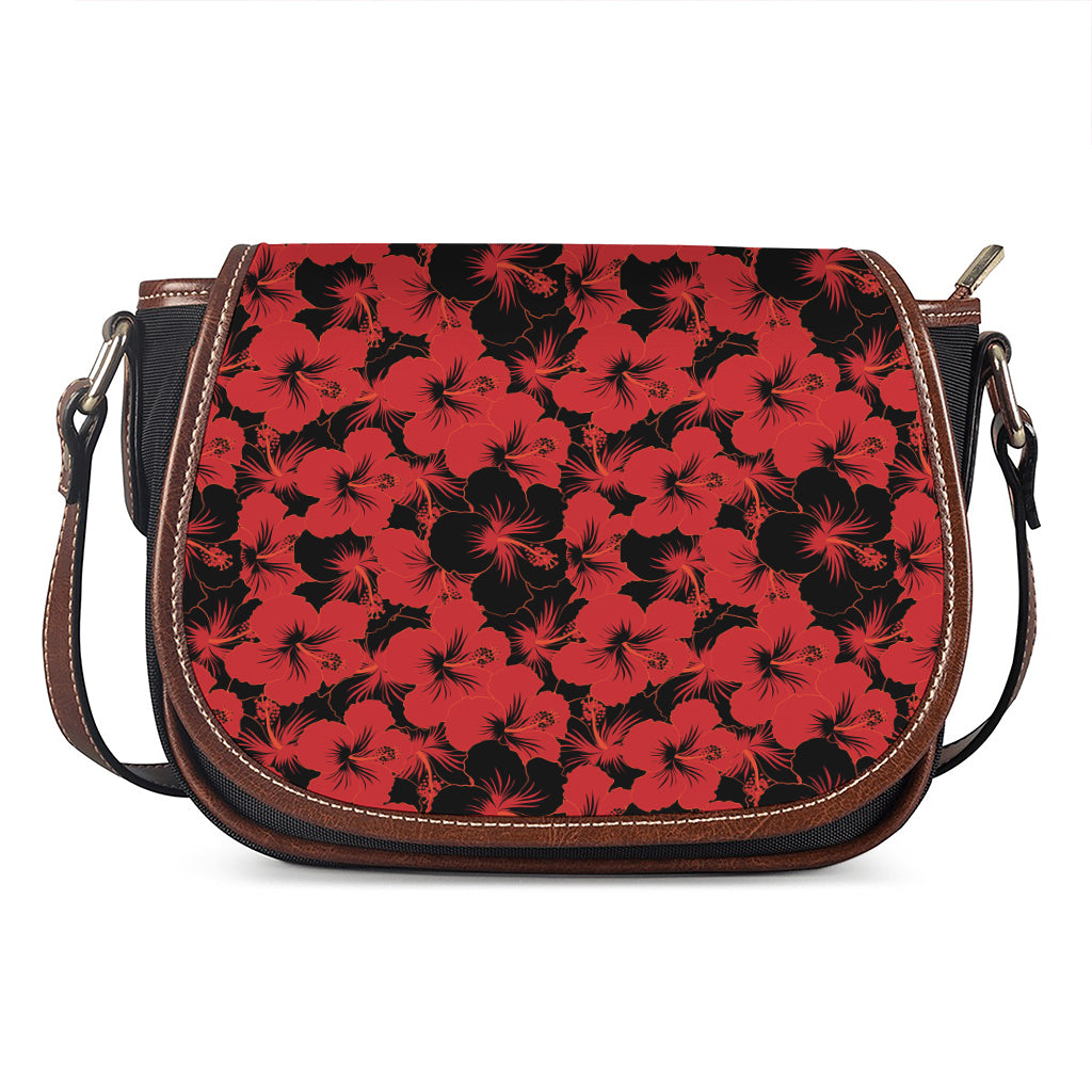 Black And Red Hibiscus Pattern Print Saddle Bag