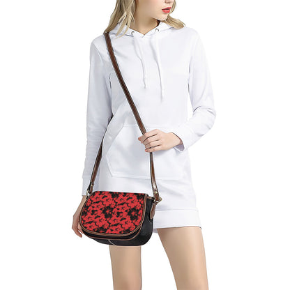 Black And Red Hibiscus Pattern Print Saddle Bag