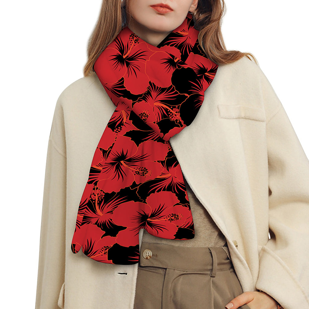 Black And Red Hibiscus Pattern Print Scarf