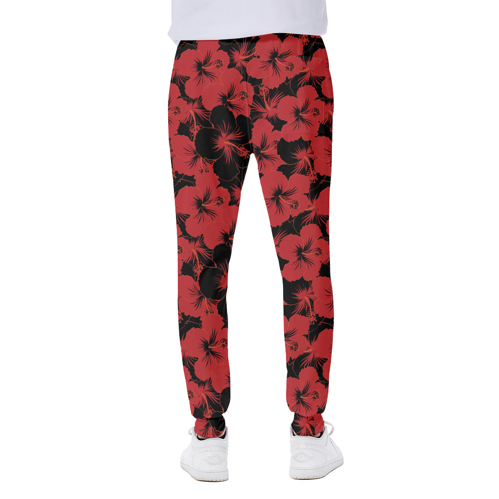 Black And Red Hibiscus Pattern Print Scuba Joggers