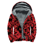 Black And Red Hibiscus Pattern Print Sherpa Lined Zip Up Hoodie