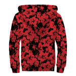 Black And Red Hibiscus Pattern Print Sherpa Lined Zip Up Hoodie