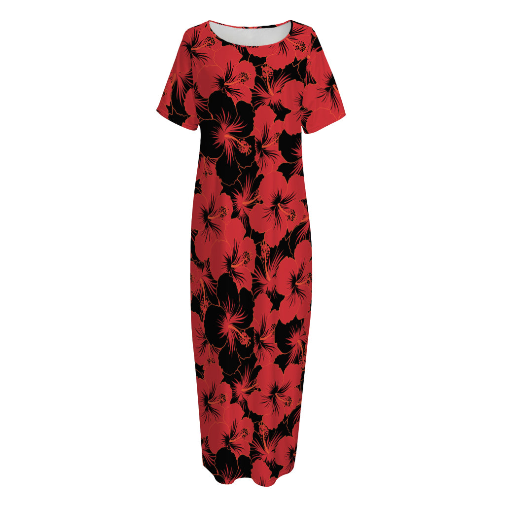 Black And Red Hibiscus Pattern Print Short Sleeve Long Nightdress