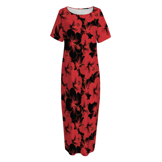 Black And Red Hibiscus Pattern Print Short Sleeve Long Nightdress
