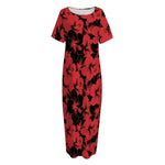 Black And Red Hibiscus Pattern Print Short Sleeve Long Nightdress