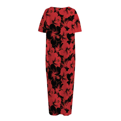 Black And Red Hibiscus Pattern Print Short Sleeve Long Nightdress