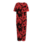 Black And Red Hibiscus Pattern Print Short Sleeve Long Nightdress