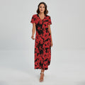 Black And Red Hibiscus Pattern Print Short Sleeve Maxi Dress