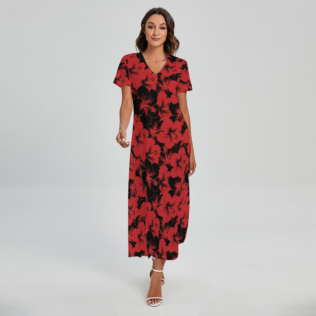Black And Red Hibiscus Pattern Print Short Sleeve Maxi Dress