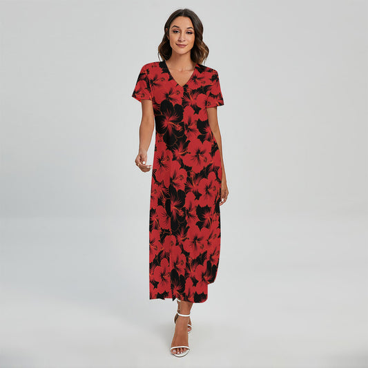 Black And Red Hibiscus Pattern Print Short Sleeve Maxi Dress