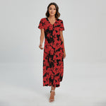 Black And Red Hibiscus Pattern Print Short Sleeve Maxi Dress