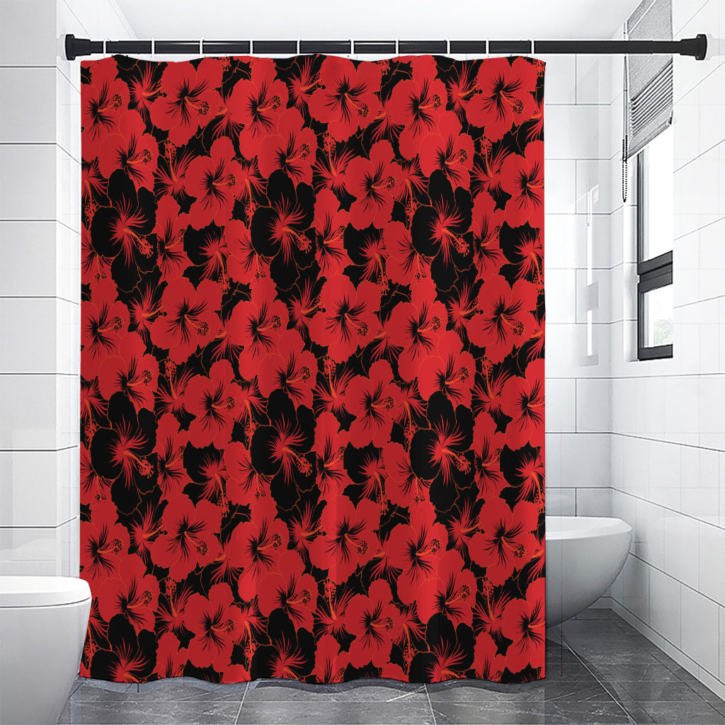 Black And Red Hibiscus Pattern Print Shower Curtain