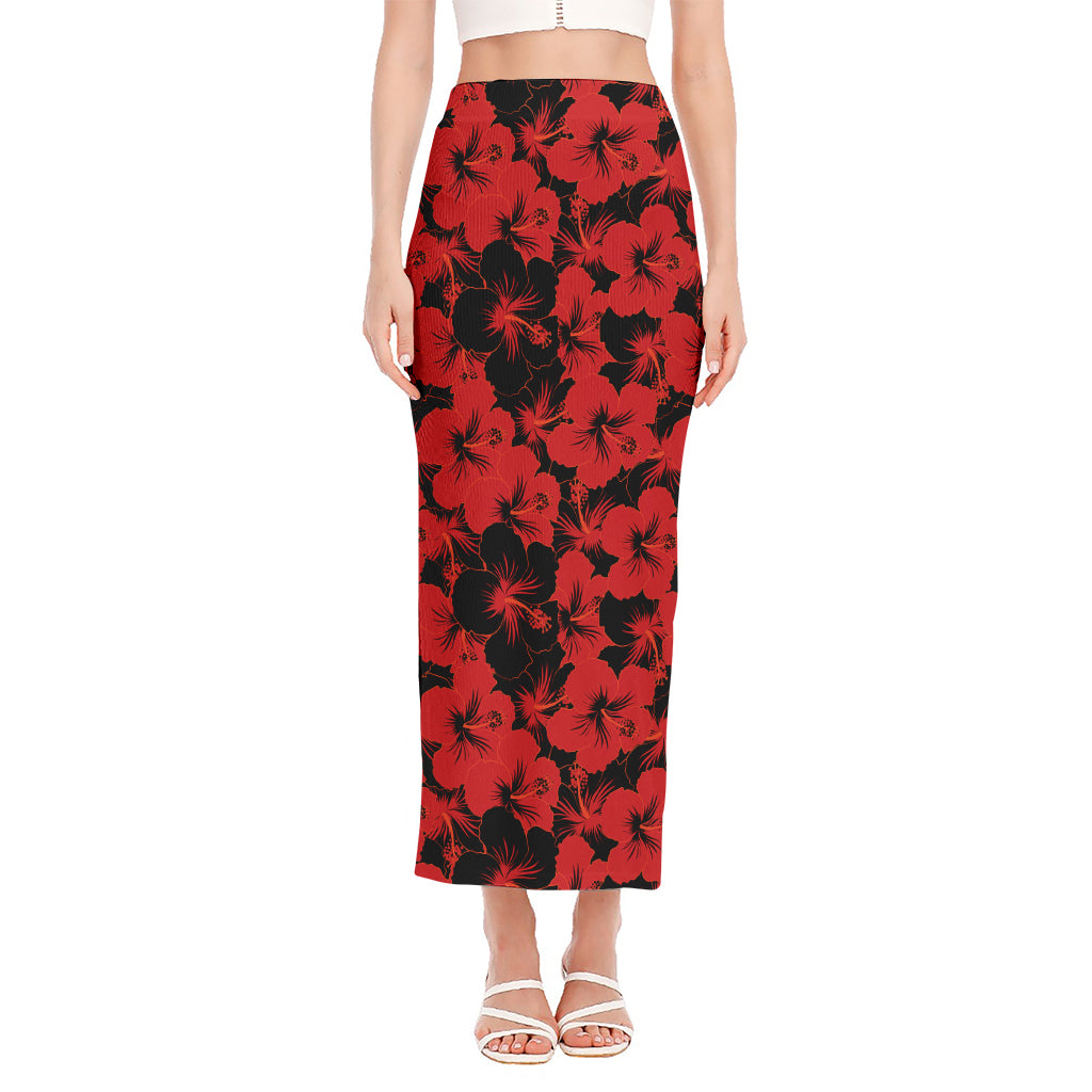 Black And Red Hibiscus Pattern Print Side Slit Maxi Skirt