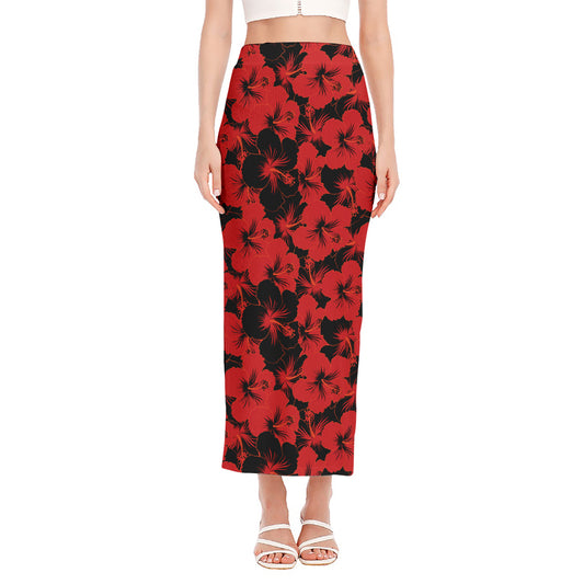 Black And Red Hibiscus Pattern Print Side Slit Maxi Skirt
