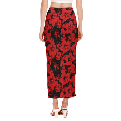 Black And Red Hibiscus Pattern Print Side Slit Maxi Skirt