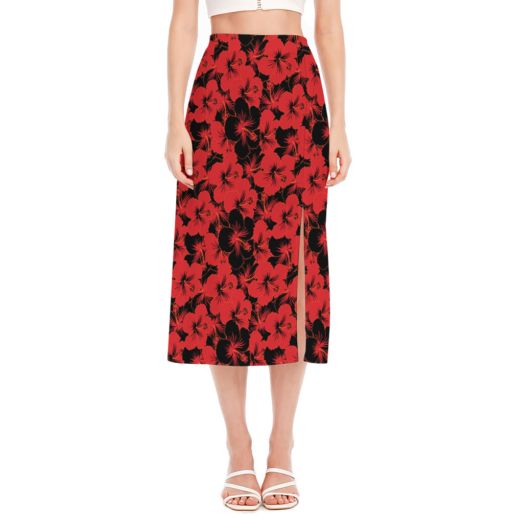 Black And Red Hibiscus Pattern Print Side Slit Midi Skirt