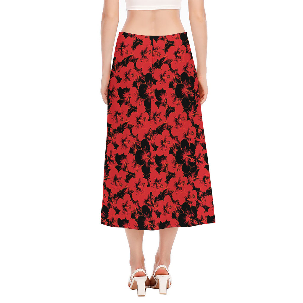 Black And Red Hibiscus Pattern Print Side Slit Midi Skirt