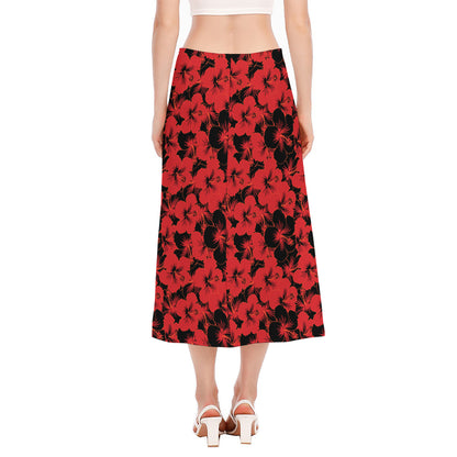 Black And Red Hibiscus Pattern Print Side Slit Midi Skirt