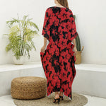 Black And Red Hibiscus Pattern Print Silk V-Neck Kaftan Dress