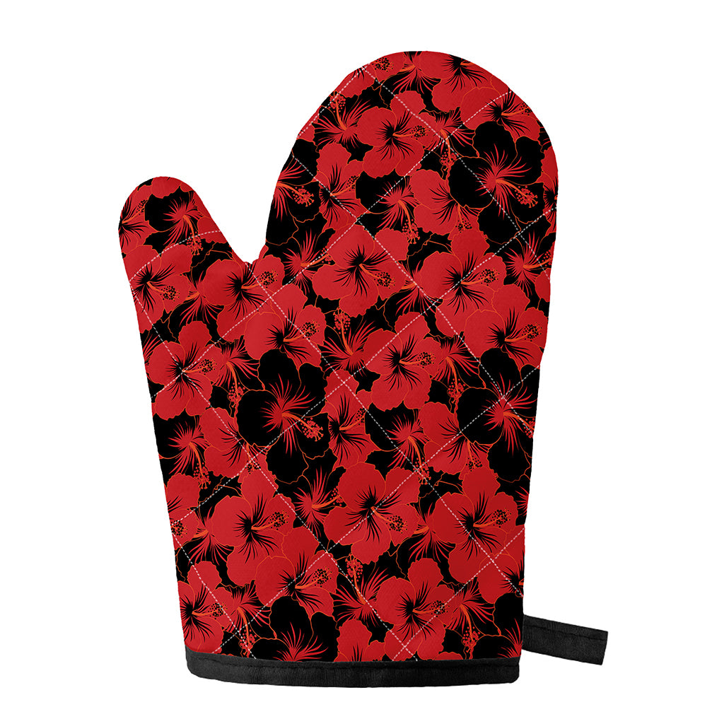 Black And Red Hibiscus Pattern Print Single Oven Mitt