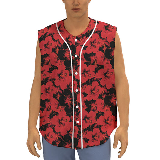 Black And Red Hibiscus Pattern Print Sleeveless Baseball Jersey
