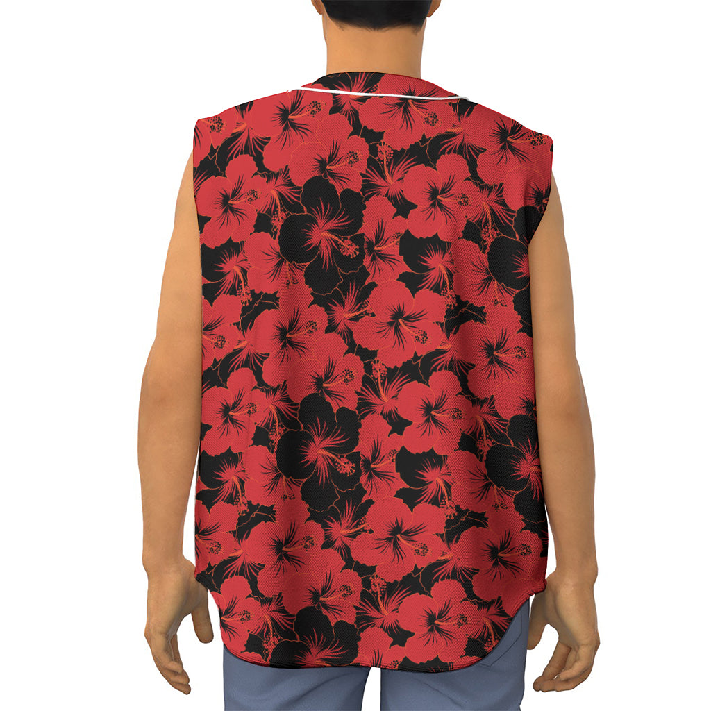 Black And Red Hibiscus Pattern Print Sleeveless Baseball Jersey