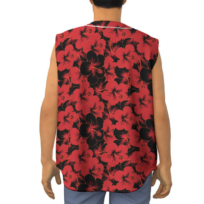 Black And Red Hibiscus Pattern Print Sleeveless Baseball Jersey