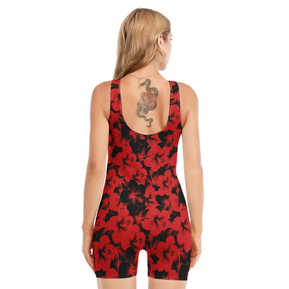 Black And Red Hibiscus Pattern Print Sleeveless One Piece Swimsuit