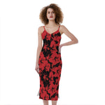 Black And Red Hibiscus Pattern Print Slim Fit Midi Cami Dress