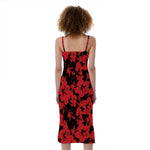 Black And Red Hibiscus Pattern Print Slim Fit Midi Cami Dress
