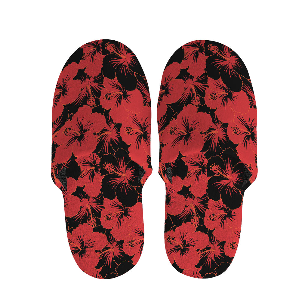 Black And Red Hibiscus Pattern Print Slippers