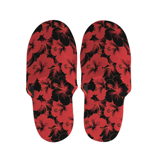 Black And Red Hibiscus Pattern Print Slippers