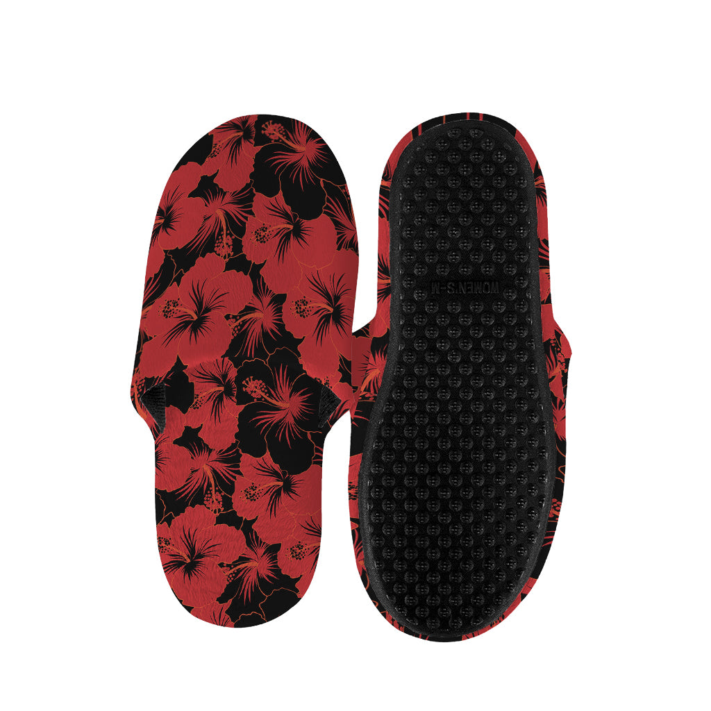 Black And Red Hibiscus Pattern Print Slippers